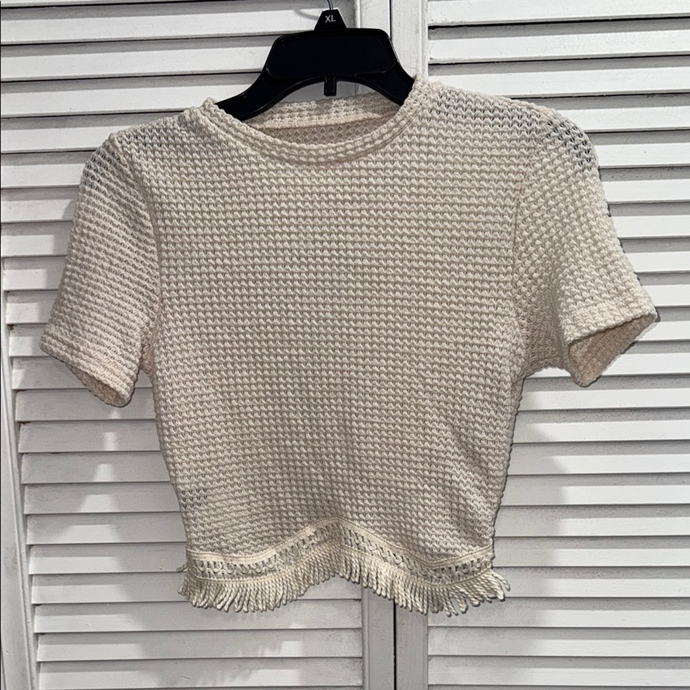 SHEIN Cream Textured Fringe Crop Top